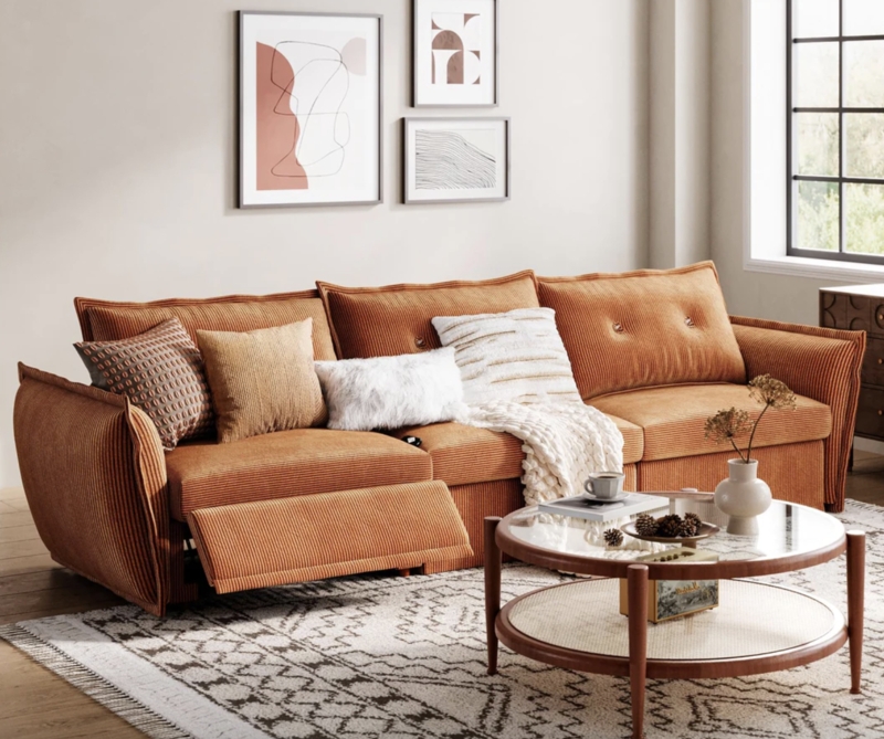 Terracotta Corduroy Reclining Sofa with Ribbed Texture