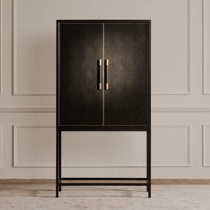 Textured Black Bar Cabinet with Pebbled Finish & Gold Trim