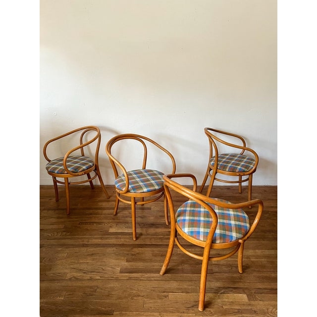 Thonet B9 Bentwood Armchair Set: Vintage Hoffman Plaid Fabric Seats