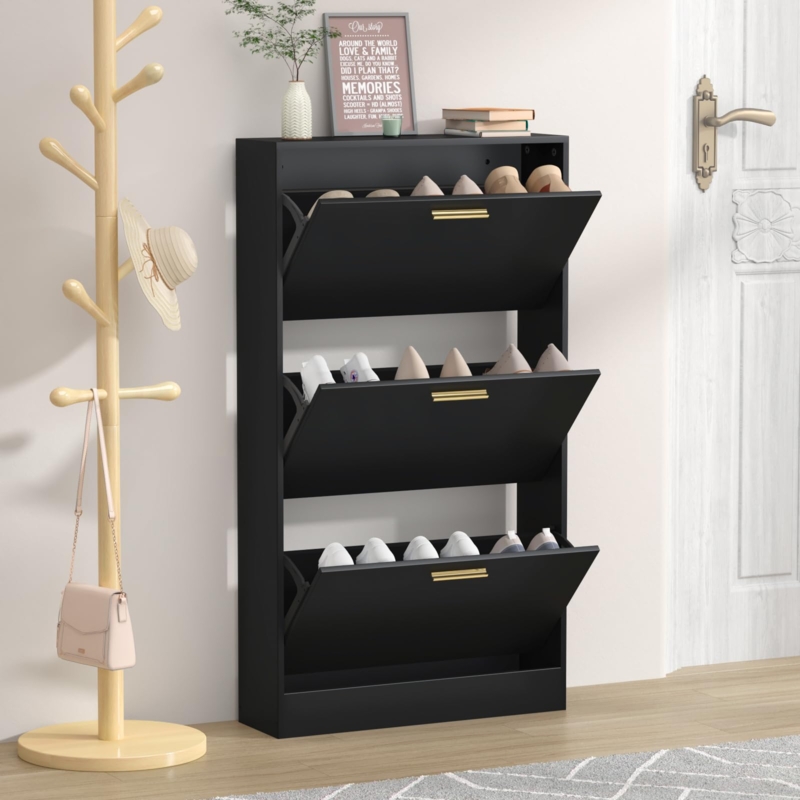 Three Flip Drawer Shoe Cabinet Slim Profile Gold Horizontal Handles