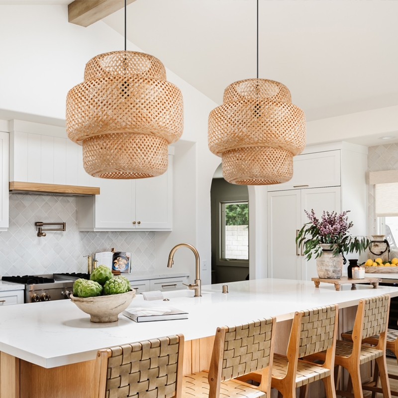 Three Tiered Woven Pendant Light Coastal Boho Rattan Shades