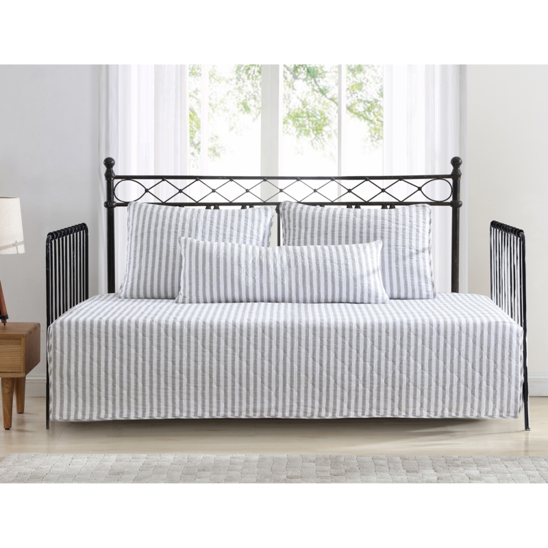 Ticking Stripe Daybed Set Grey Quilted Farmhouse Trellis Back