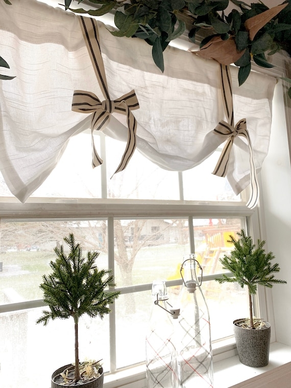 Ticking Stripe Valance, Off-White Fabric with Tie Up Bows