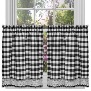 Tier Curtains Buffalo Check Pom Pom Trim Crochet Lace Border