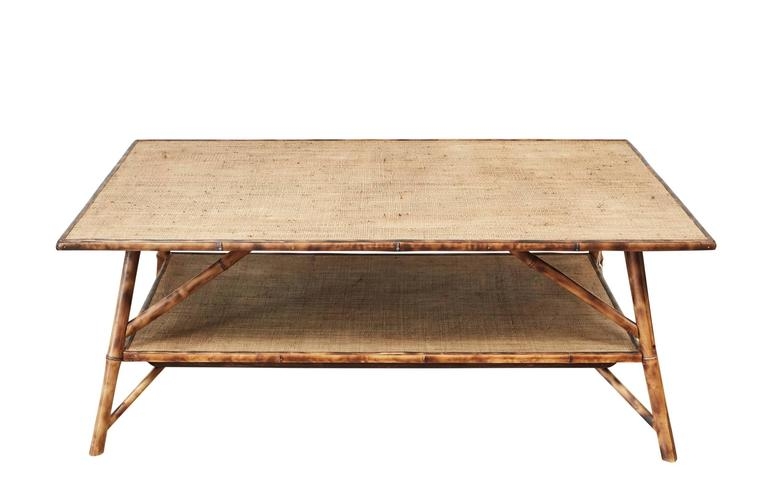 Tiered Bamboo Coffee Table with Woven Raffia Top