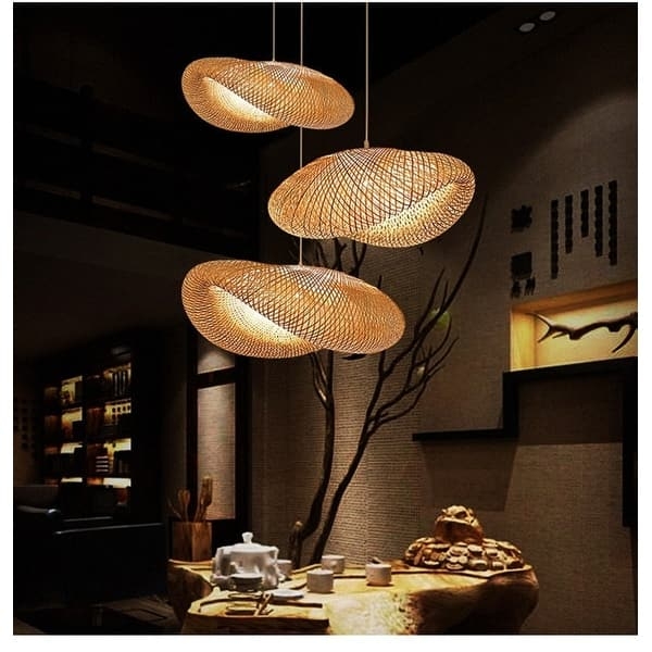 Tiered Bamboo Pendant Light Twisted Oval Woven Shades Zen