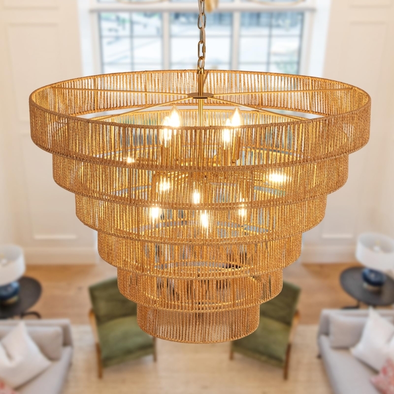 Tiered Chandelier, Five-Tier Rattan Design with Brushed Gold Accents