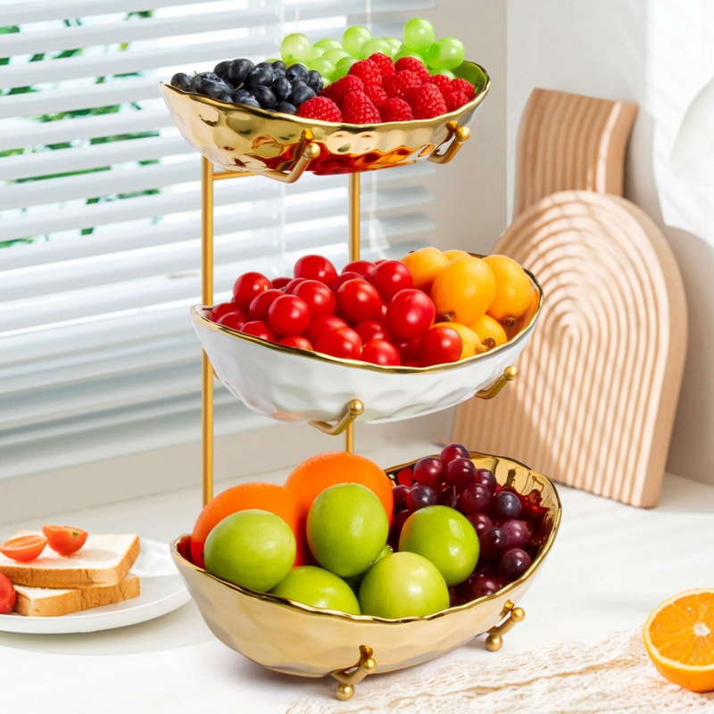 Tiered Fruit Basket Polished Gold Scalloped Rims Modern Glam Produce Display