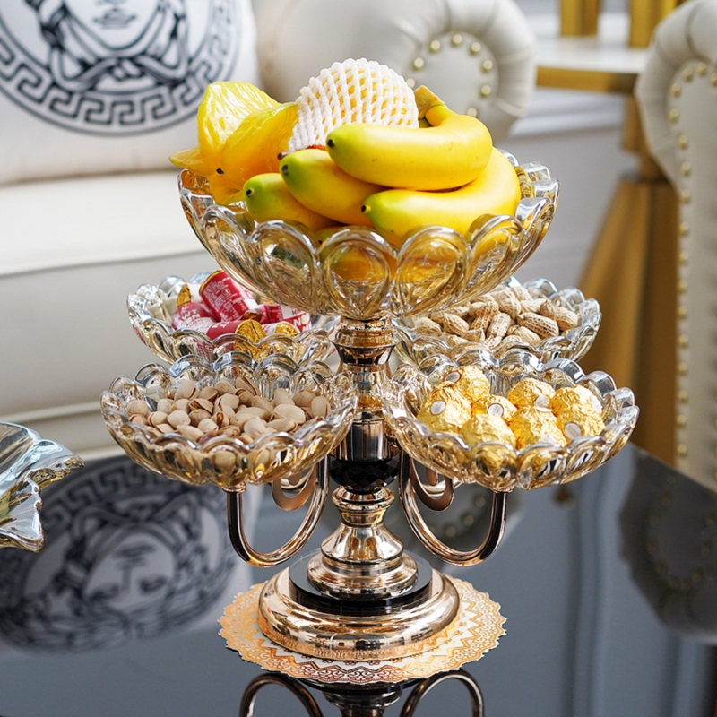 Tiered Fruit Bowl Amber Tinted Glass Gold Pedestal Scalloped Edges Glam