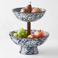 Tiered Fruit Bowl Blue White Floral Porcelain Two Tier Pedestal Base