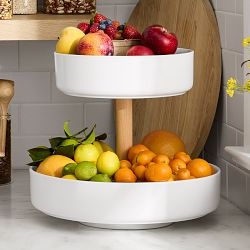 Tiered Fruit Bowl Ceramic And Wood Two Tier Stack Deep Rims Matte White