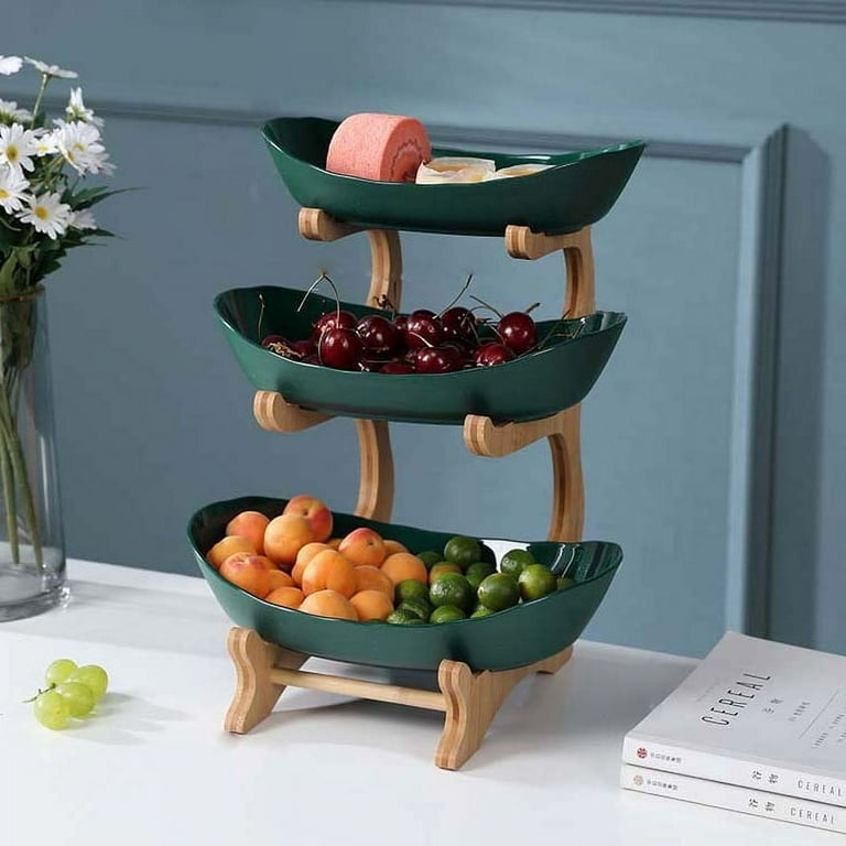 Tiered Fruit Bowl Forest Green Boat Shaped Bowls Wood Toned Frame Vertical