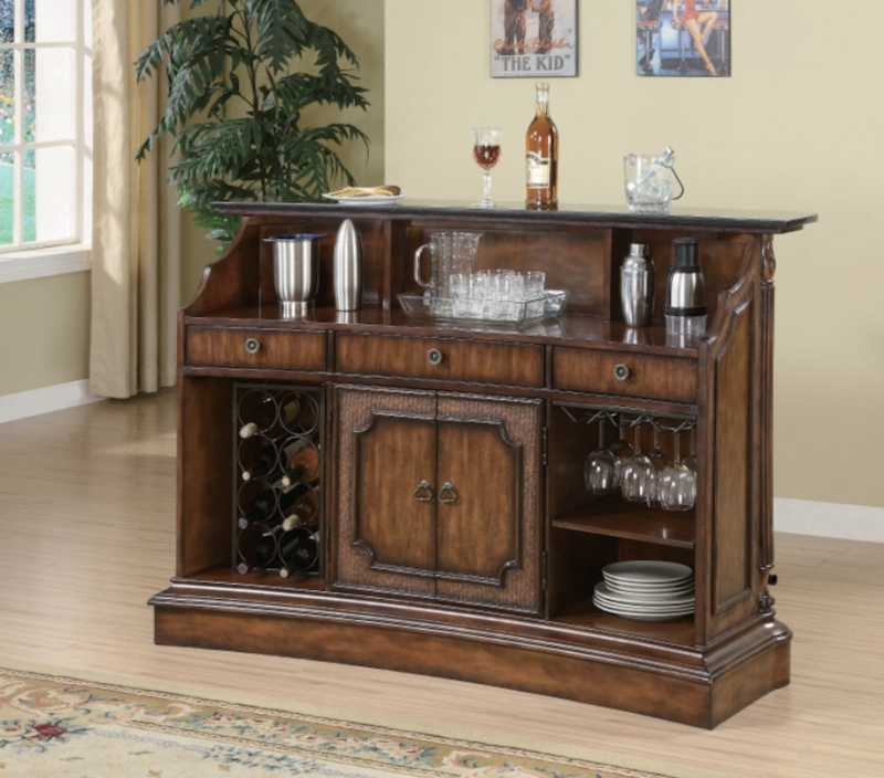 Tiered Home Bar Unit Traditional Walnut with Stone-Like Top