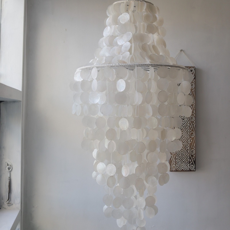 Tiered Pendant Light with Tapered Base and Translucent Capiz Layers