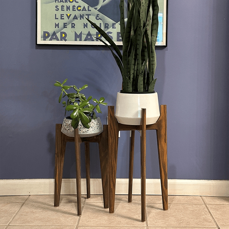 Tiered Wood Plant Stands with Tapered Legs and Walnut Tone Finish.