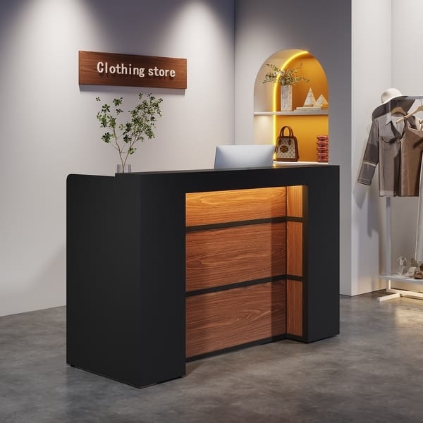 Tiered Wood Reception Desk, Matte Black Frame, LED Lighting
