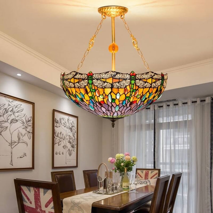 Tiffany Dragonfly Chandelier with Inverted Bowl and Stained Glass