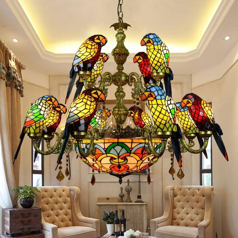 Tiffany Parrot Chandelier with Twelve Stained Glass Bird Shades