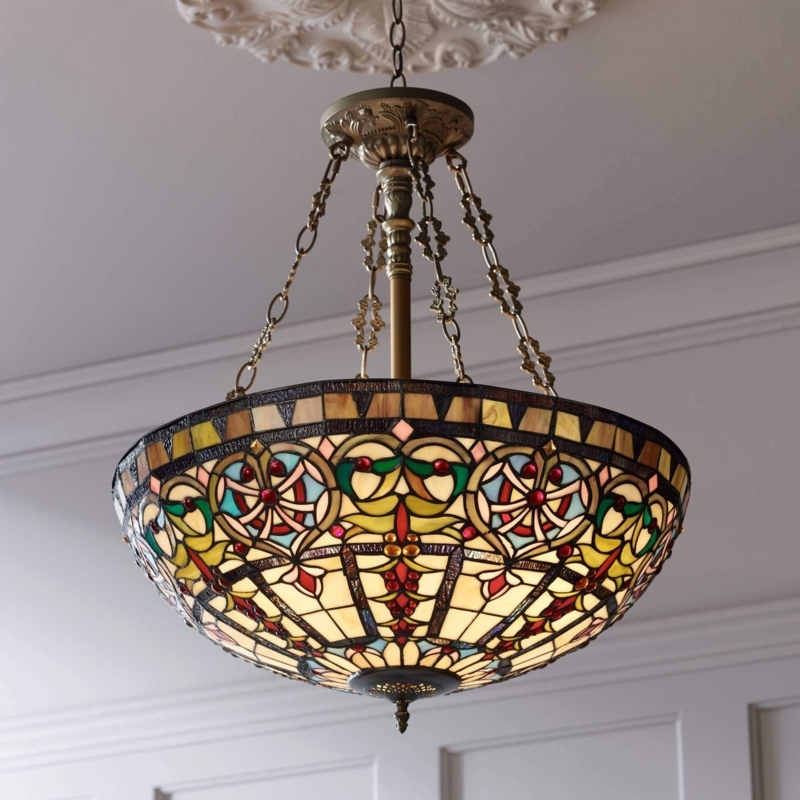 Tiffany Style Pendant Light with Antique Bronze Stained Glass Bowl