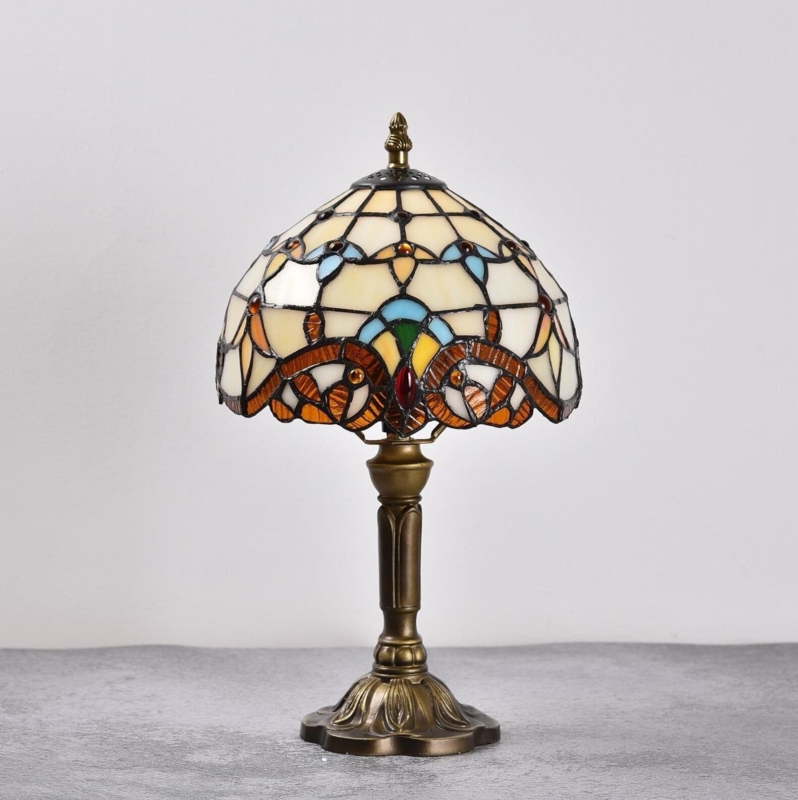 Tiffany Style Table Lamp Leaded Glass Shade Bronze Fluted Base Colonial