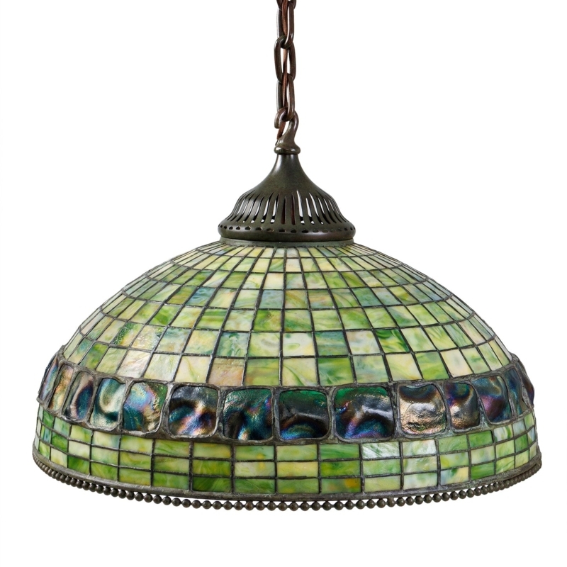 Tiffany Turtleback Chandelier with Iridescent Glass Belt and Bronze