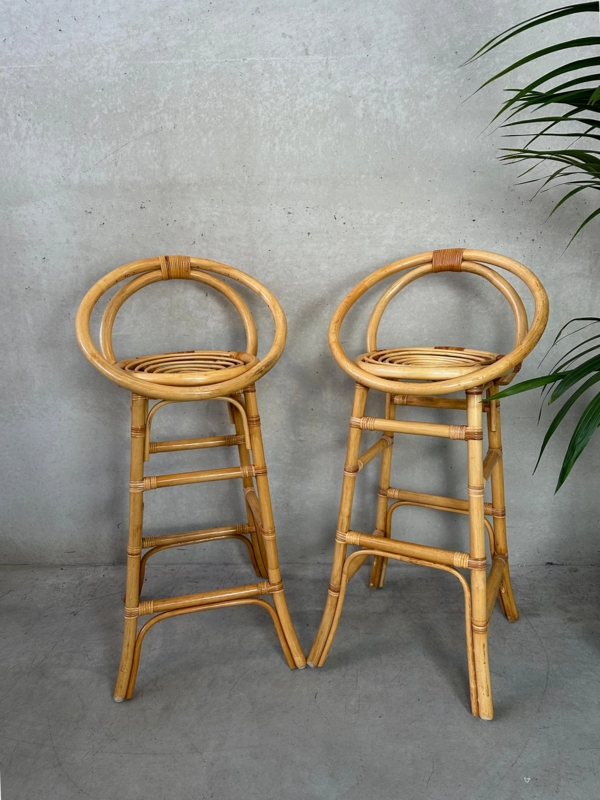 Tiki Style Rattan Bar Stools with Hoop Back and Concentric Circle Seat
