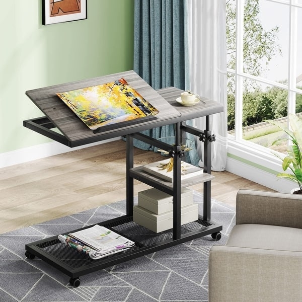 Tilting Laptop Side Table with Split Surface and Weathered Grey Finish