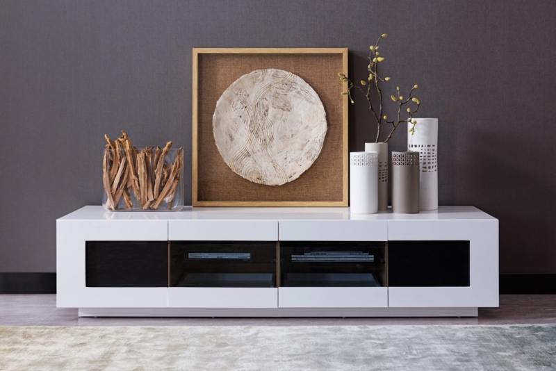 Tinted Glass TV Unit: High Gloss Finish with Recessed Plinth Base.