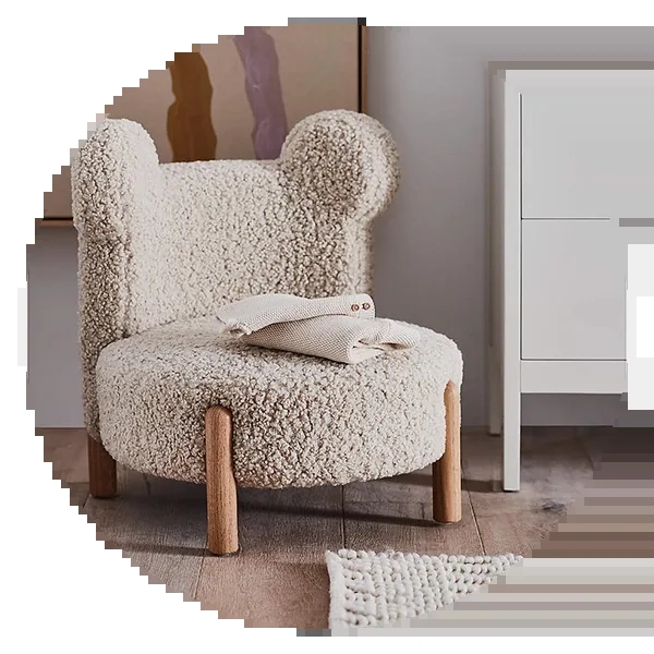 Toddler Armchair with Bear Ears, Sherpa Texture, Cylindrical Wood Legs.