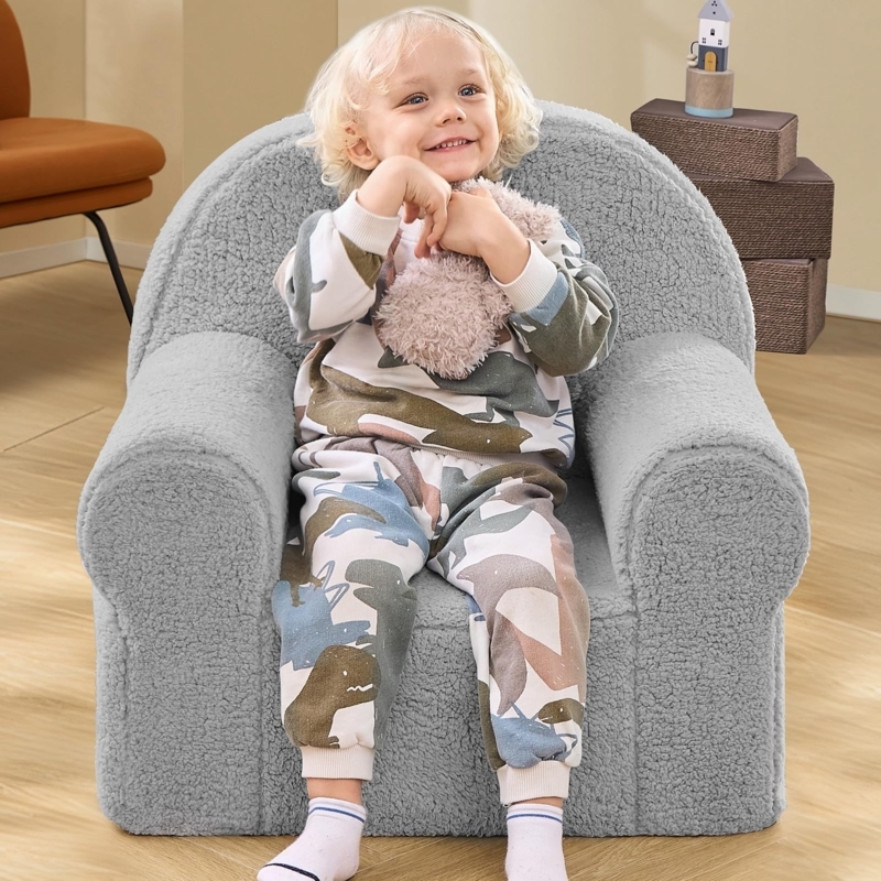 Toddler Armchair with Low Profile, Rounded Back, Chunky Arms, Grey Sherpa.