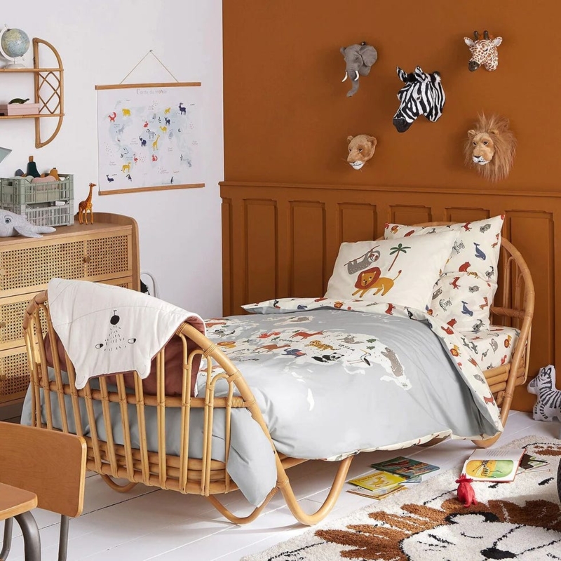 Toddler Bed Rattan Cane Frame with Curved Headboard and Sled Base