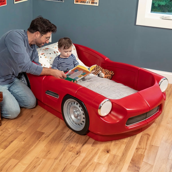 Toddler Bed Roadster Design in Cherry Red with Realistic Wheels