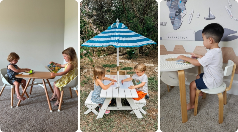 Toddler Table Set with Integrated Umbrella, Activity Top, Picnic Style.