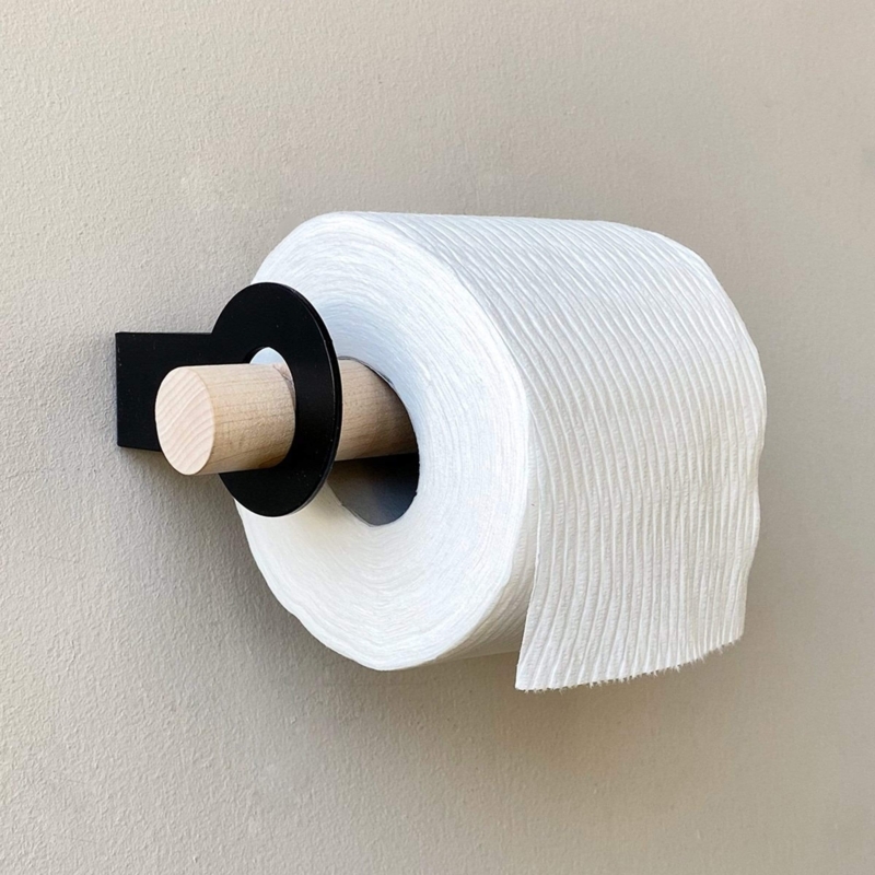 Toilet Paper Holder, Black and Wood Tissue Holder, Minimalist Design