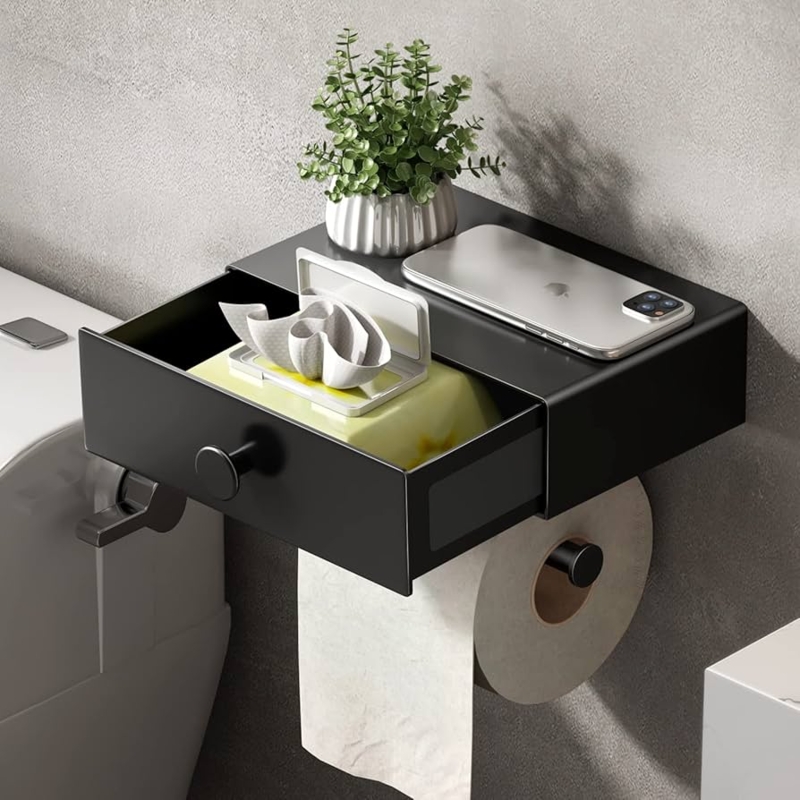 Toilet Paper Holder, Black Metal, Integrated Drawer, Top Shelf