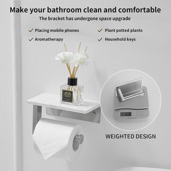 Toilet Paper Holder, Brushed Nickel, White Marble Shelf, Wall Mount