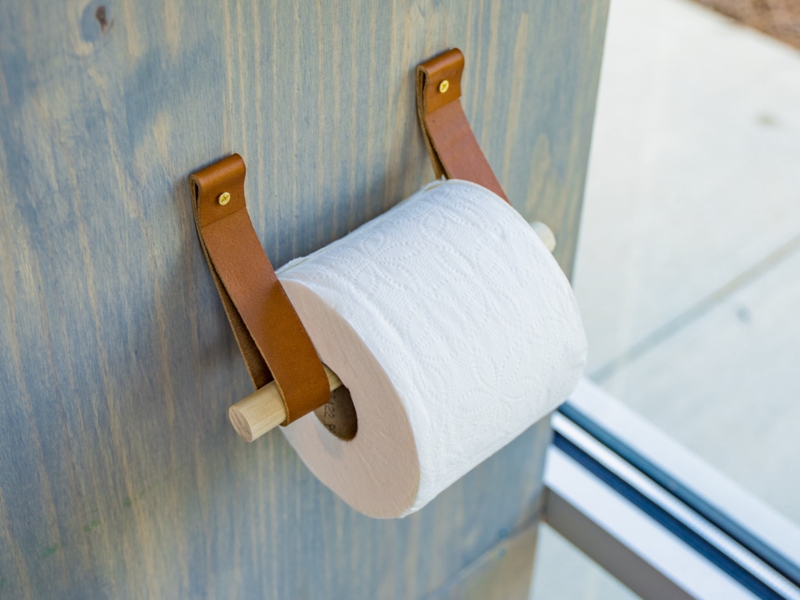 Toilet Paper Holder, Leather Loops, Natural Wood Dowel, Brass Accents