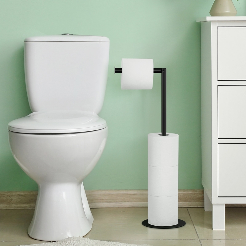 Toilet Paper Holder, Matte Black, Vertical Roll Storage, Round Base