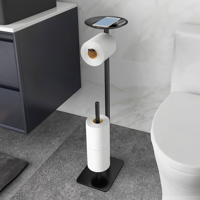 Toilet Paper Stand, Matte Black, Top Storage Shelf for Modern Bathroom