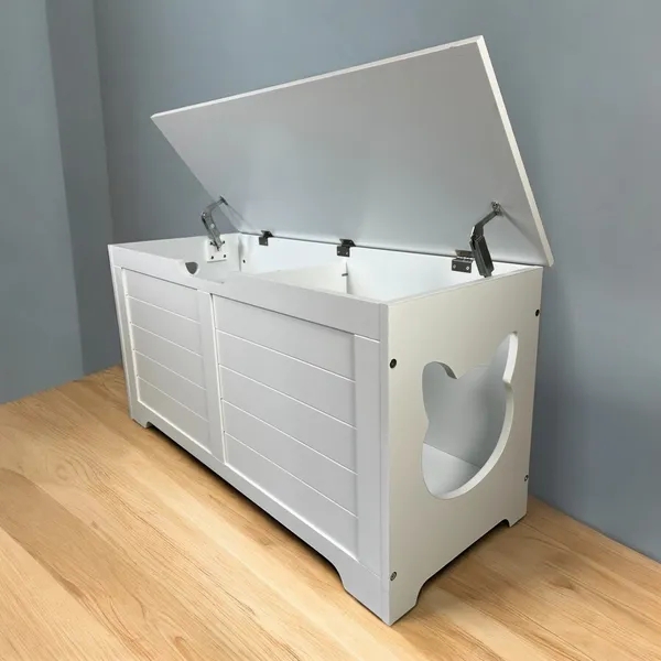 Top Open Litter Enclosure, Cat Head Cutout, White Slatted Front