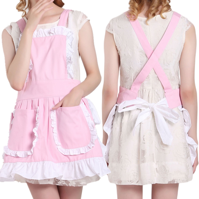 TOPTIE French Maid Aprons for Women Fancy Ruffles Ladies Pink Apron with  Pockets Kitchen Accessories, Pink Wholesale - Opentip