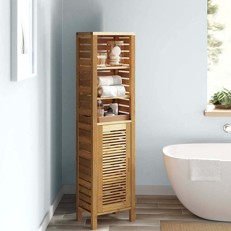 Tower Cabinet Open Shelves Slatted Door Tall Bamboo Storage