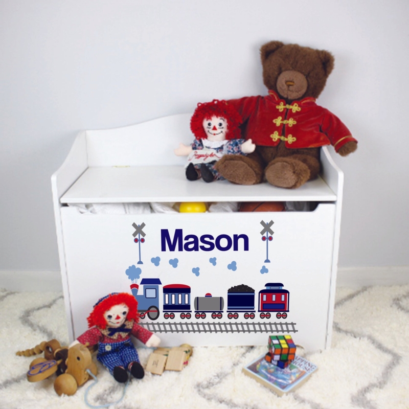 Toy Box Bench: Classic white with custom name detail, train illustration.