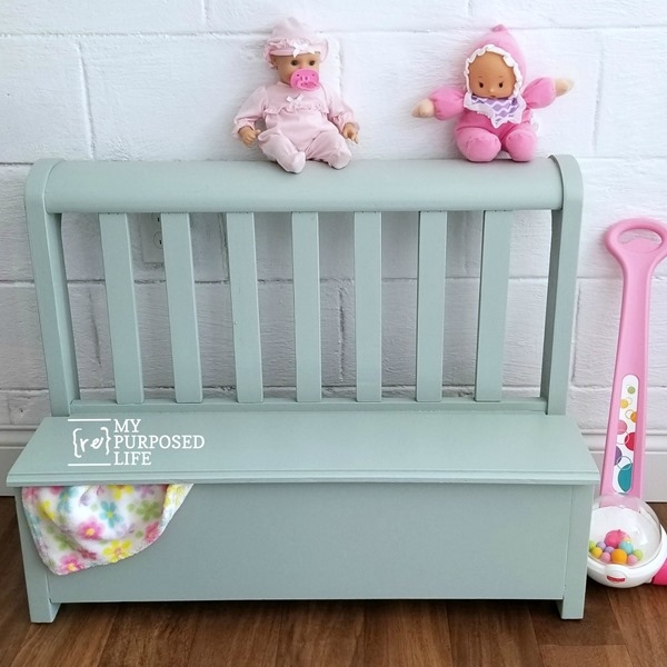 Toy Box Bench: Farmhouse sage green finish with classic slat back design.