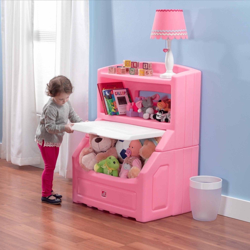 Toy Chest Bookcase: Playful bubblegum pink molded plastic with lift lid.
