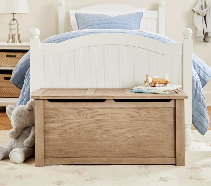 Toy Chest: Coastal light oak finish with recessed panels and flat top.