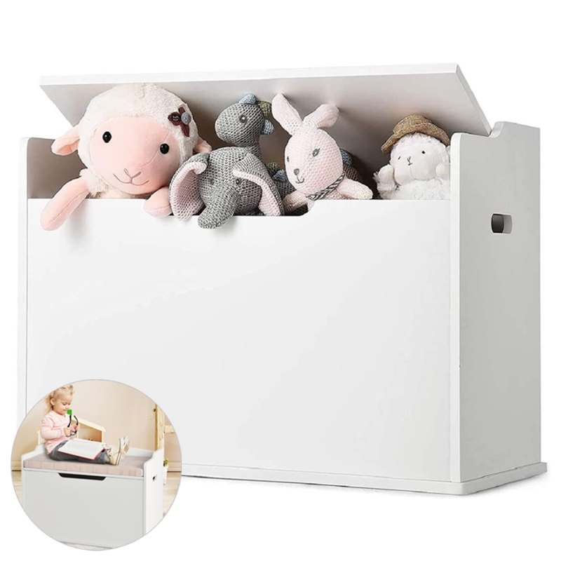 Toy Chest: Crisp white bench seating with safety cutout and lift top.