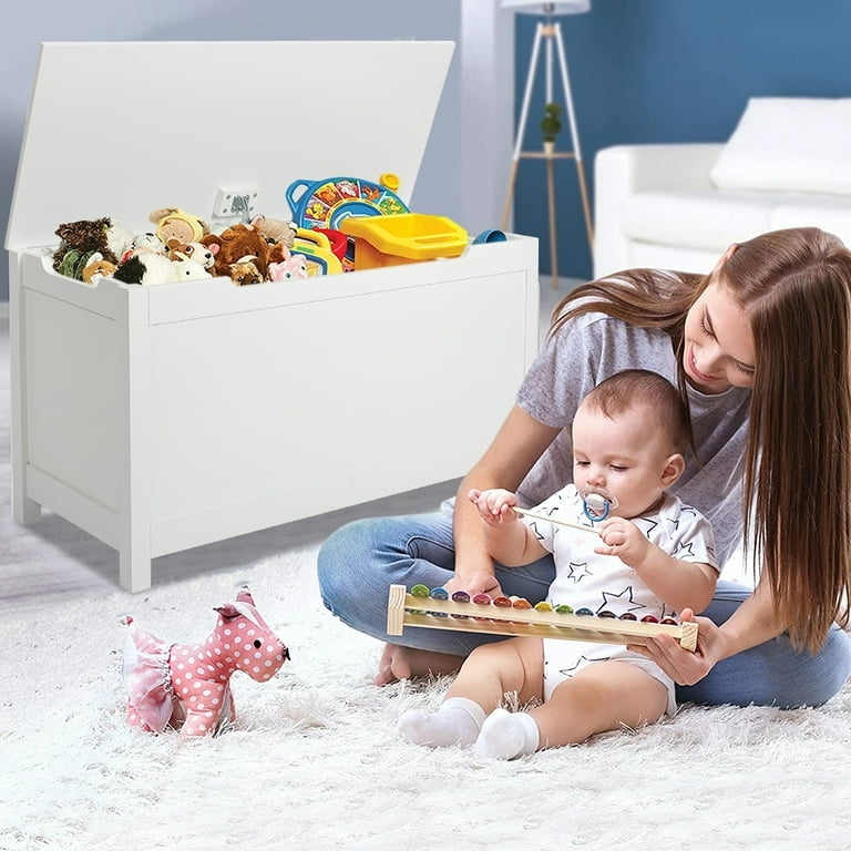 Toy Chest: Matte white transitional bench, safety hinges, paneled front.