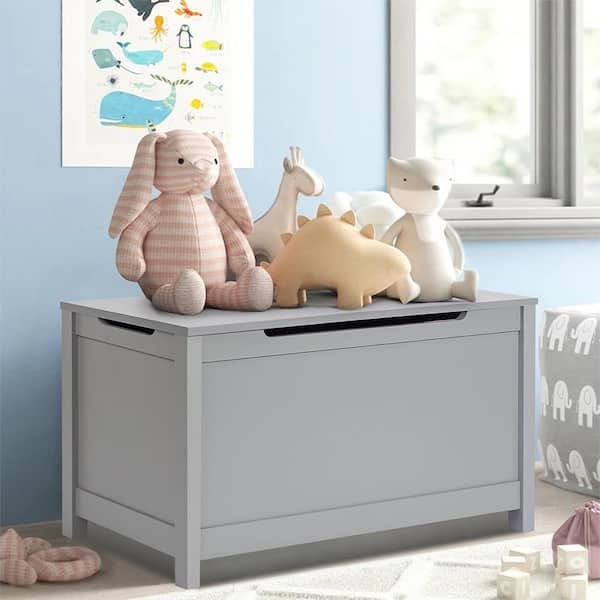 Toy Chest: Modern matte gray finish with recessed panels and cutout handle.