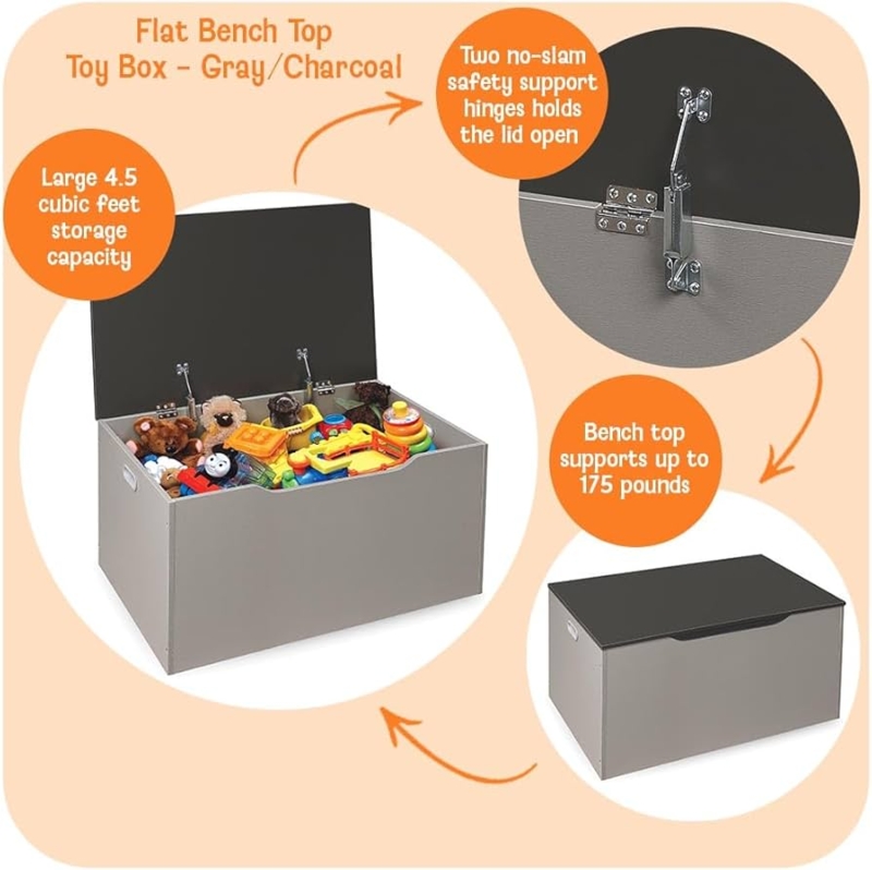 Toy Chest: Two-tone grey finish with weight-bearing flat bench top.